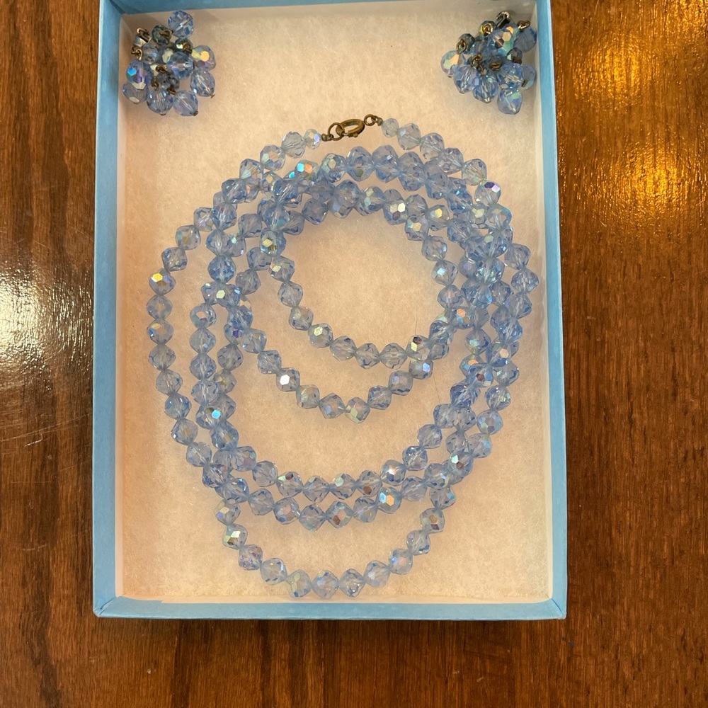 Vintage Blue Cut Glass Extra Long Necklace and Earrings